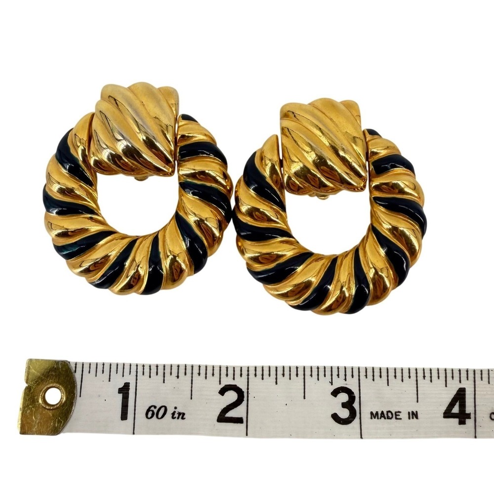 Vintage Gold Navy Blue Enamel Twisted Door Knocker Clip On Statement Earrings - Picture 3 of 5